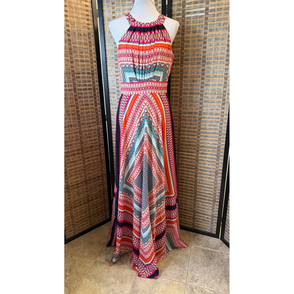 Eliza J Scarf Print Halter Maxi Dress Womens 8 Multi Color Boho Border Gown